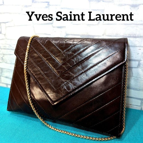 Yves Saint Laurent Brown Leather Shoulder Bag Clutch Japan Rare 103556