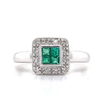 Vintage 14K White Gold Emerald And Pave Diamond Square Halo Milgrain Edge Ring