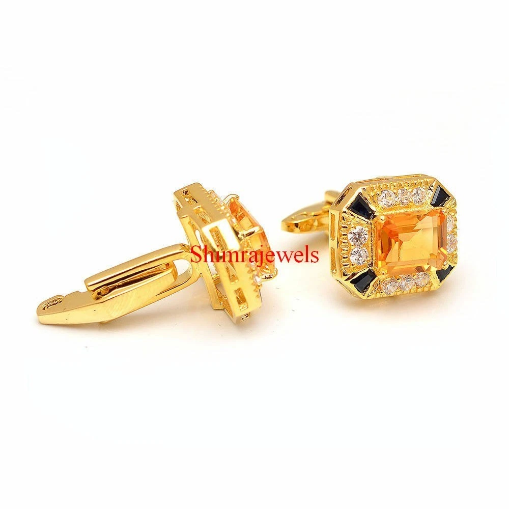 Natural Citrine & Black Spinel With 18k Gold Plated Silver Silver Cufflinks #5