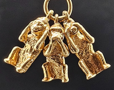 14K Gold DREI WEISE AFFEN Charm Anhänger Tier japanisches Sprichwort Vintage