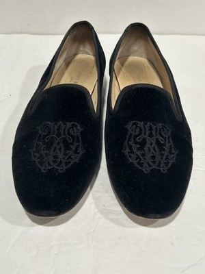 Stubbs & Wootton Black Velvet Smoking Slipper Loafers Women's 8.5 Preppy Spain