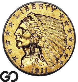 1911 D $2.5 Gold Indian Quarter Eagle STRONG D Great Strike GEM BU Key Date