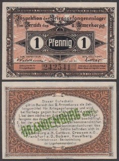Germany WWI Brandenburg Prison Camp III 1 Pfennig 1917 UNC C2767