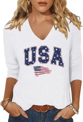 Womens 3/4 V Neck Sleeve American Flag Shirts 4th of July Summer Shirts Graph...