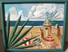 Colorful beach scene vintage painting elements of fantasy and Surreal signed