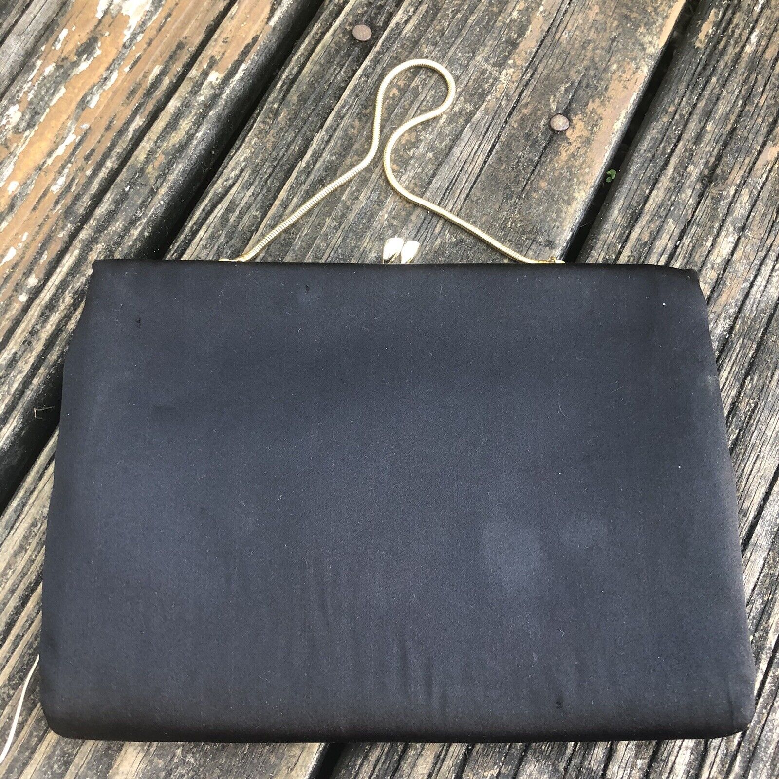 H L Black Satin Clutch Evening Bag Handbag Vtg 50… - image 2