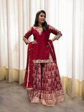 Red Georgette Kurta Palazzo Dupatta Set Indian Pakistani Designer Salwar Kameez