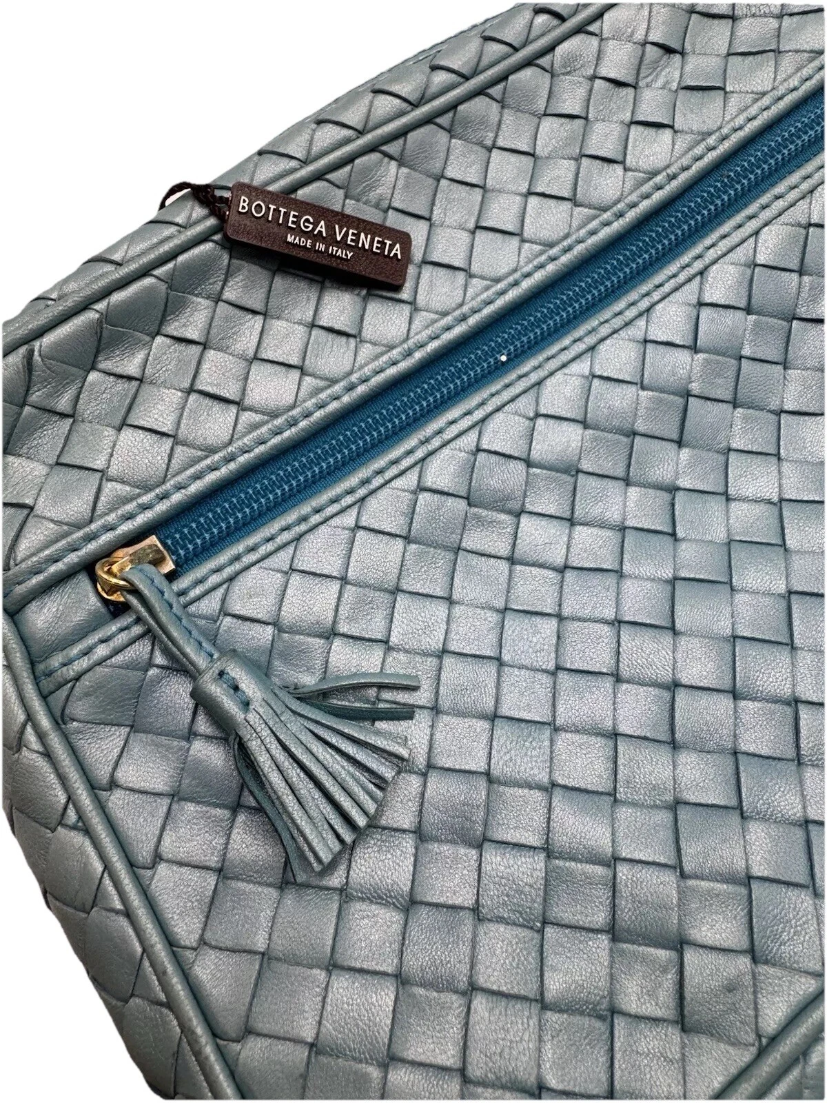 BOTTEGA VENETA Borsa a tracolla Bottega Venata Nodini pelle intrecciata blu metallizzato originale