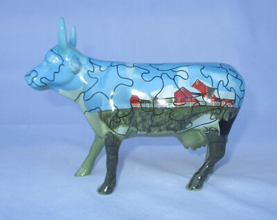 Cow Parade Figurine Blue Puzzle Farm Ceramic Westland Puzzled Cow Sky Grass Barn