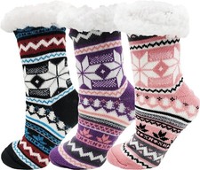 Fluffy Thermal Sherpa Slipper Socks, 3 Pairs for Women, Ultra Soft Christmas
