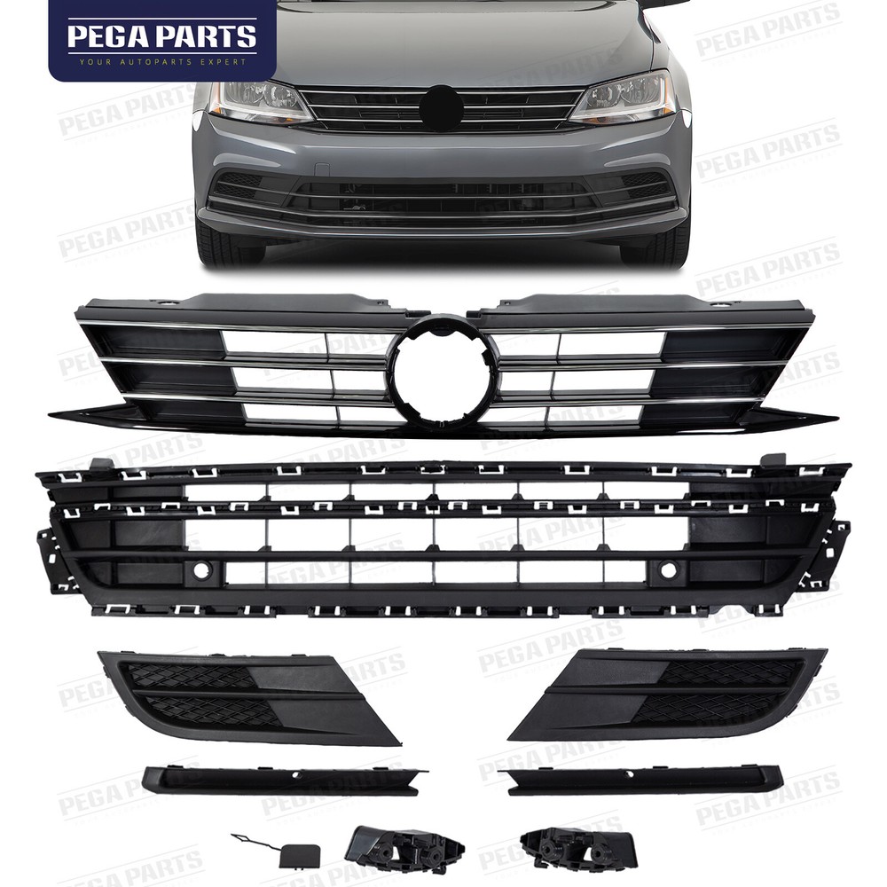 For Jetta 2015-2018 Upper Grille/Lower Grill/Fog Light Cover/Bumper Trim/Bracket
