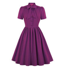 Women Short Sleeve Midi Dress Bow Tie Swing Pleated Button Preppy Style Fashion