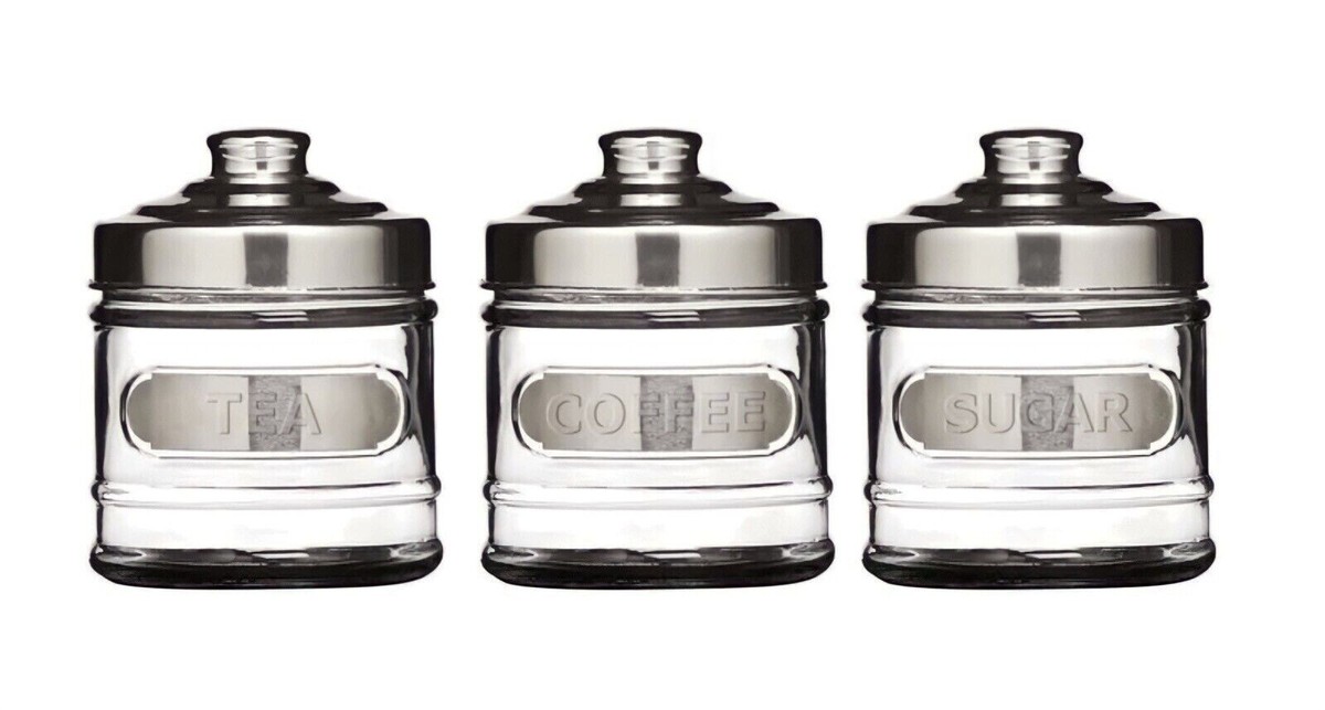 3pc Glass Canisters Set Tea Coffee Sugar Jars Storage Tins Kitchen  Container Pot