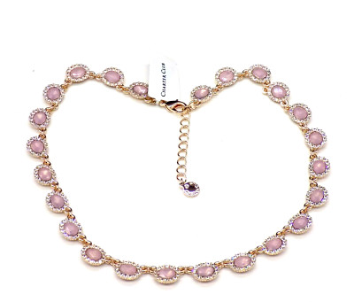 Charter Club Necklace Faux Pink Opal Rose Gold-Tone Clear Crystal Halo 16'' +ext