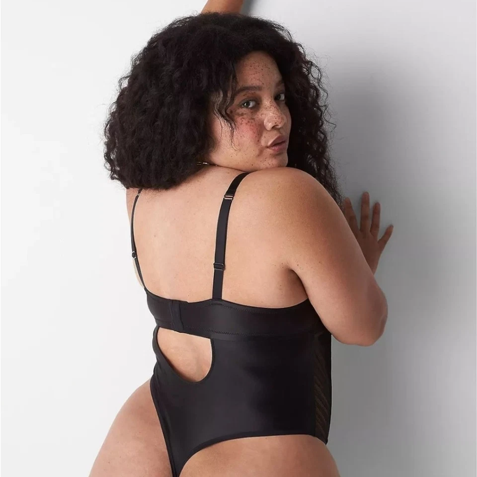 Cacique Black Micro Sateen Balconette Thong Bodysuit Sz 42DD NWT - Image 2 of 4