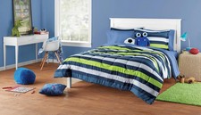 Full Kids Bed Set Blue Stripe Reversible Comforter Microfiber 7pc