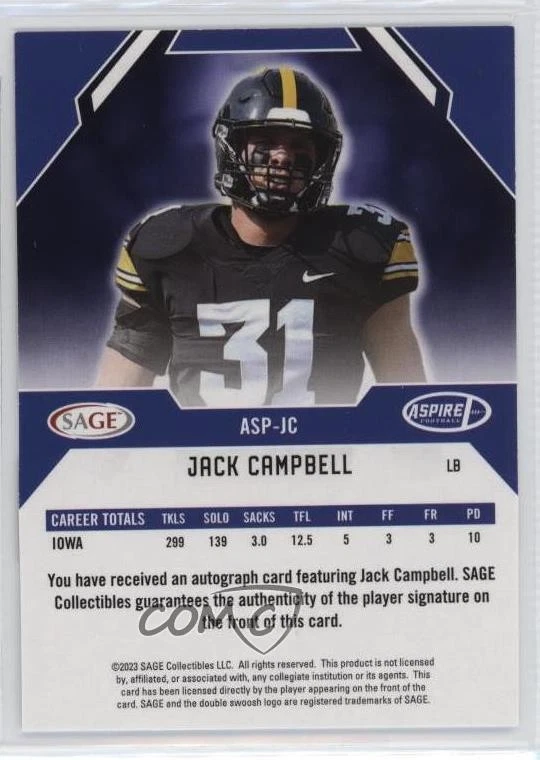 2023 Sage Aspire Red Jack Campbell #ASP-JC Rookie Auto RC - Image 2 of 2