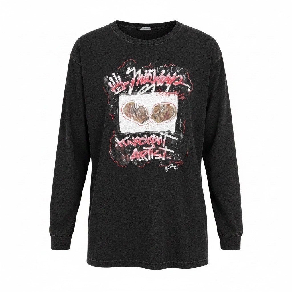 Miskeen Vtg Rare Painted  Graffiti long Slv Black Shirt Mens Size 2X EUC