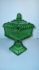  Vintage Jeannette Glass Company Green Square Ornate Pedestal Dish with Lid