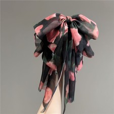 French Style Pink Floral Print Layered Bow Ribbon Claw Clip Hair Accessory