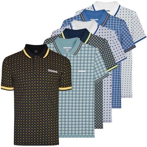 Mens Lambretta All Over Geometric Smart Classic Retro Polo Shirt Sizes S to 4XL