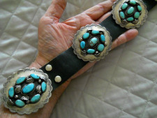Native American Navajo Turquoise Cluster Sterli Silver 9- 2.8" Conchos Belt 576g