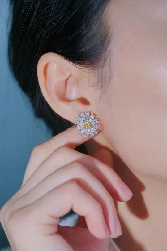 2Ct Round Cut Lab-Created Citrine Cluster Stud Earrings 14K White Gold Plated - Image 3 of 4