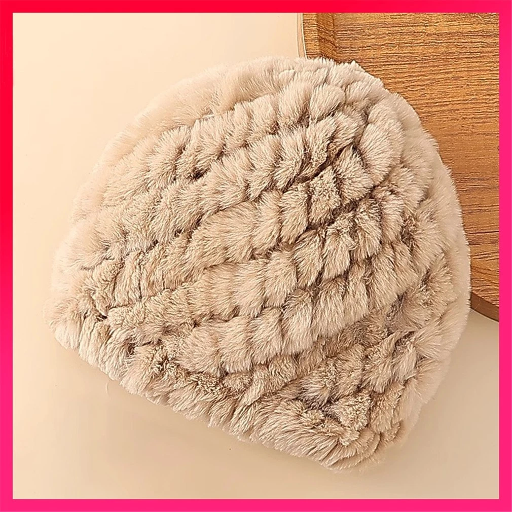 100% Real Rabbit Fur Hat Thicken Winter Warm Knitted Wooling Cap for Women