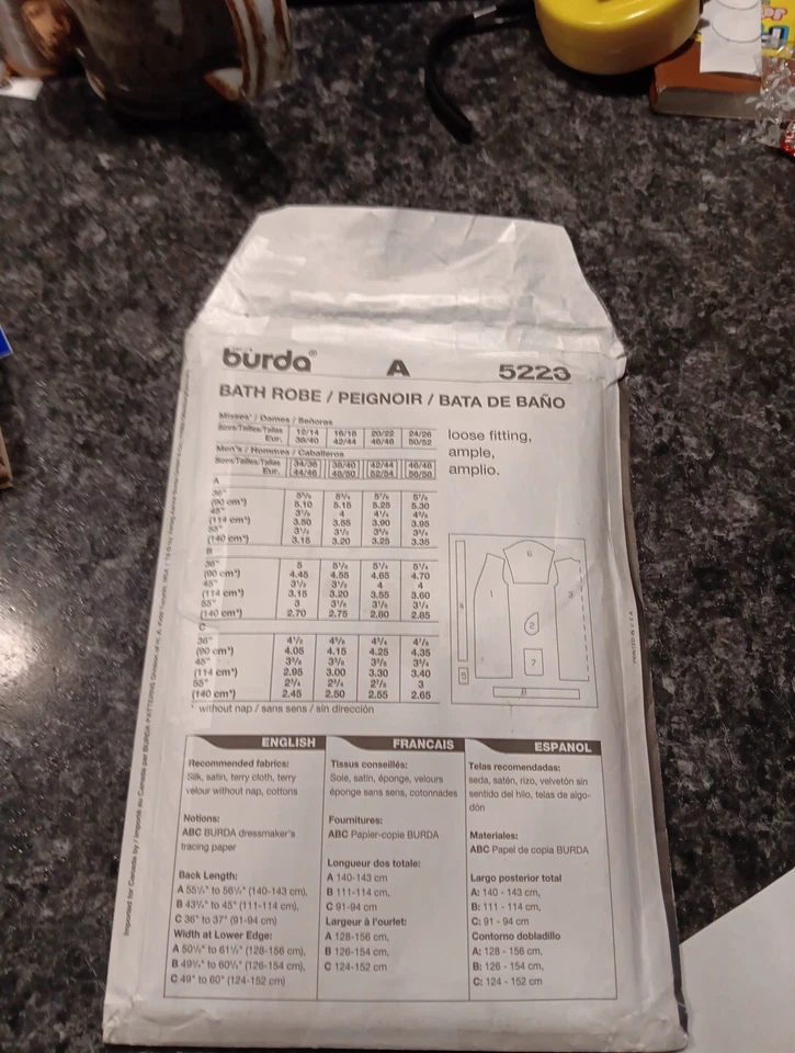 Burda EASY 5223 Unisex Bath Robe & Tie Belt, 3 Lengths Adult Sizes NEW UNCUT FF  - Image 2 of 4