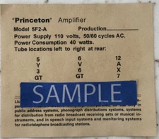 Vintage Tweed Princeton AMP 5F2-A Replacement Tube Chart FEIMC