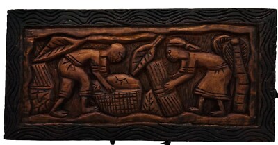 Vintage Hand Carved Wood Folk Art Wall Plaque Relief Harvest Scene 15.7/8 L.