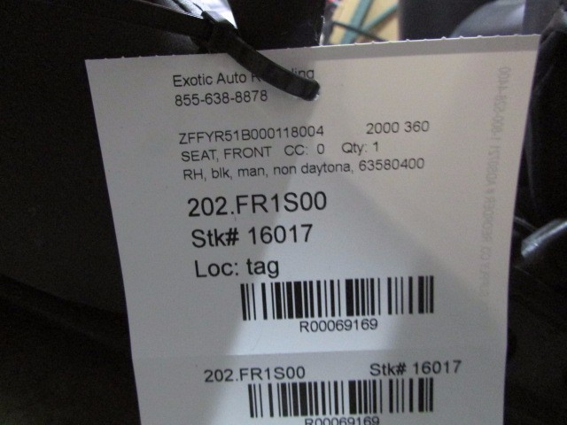 Ferrari 360, RH, Right Front Seat, Manual, Non-Daytona, Black, Used P/N 63580400