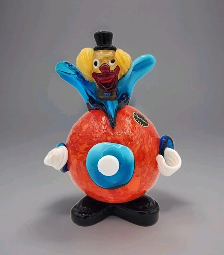 VTG Murano Italy Hand Blown Art Glass Clown 6¼" Figurine W/ Sticker Black Hat
