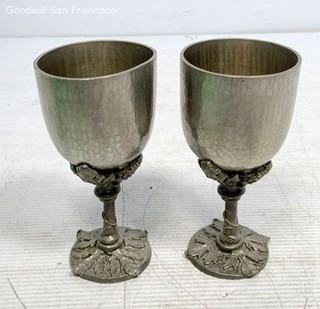 Pair of Vintage Ballena Bay Pewter Grapevine Wine Goblets Marked Nesbitt 1983