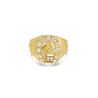 Diamant Hufeisen mit Pferdekopf Ring 14 Karat Gelbgold