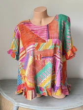 Orientique Naturally Australian Boho Top Frill Sleeve Blouse Sz M Colorful Art