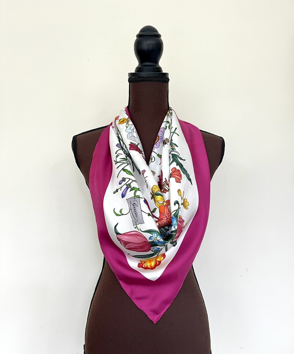Unisex Gucci Multicolor Flora Silk Scarf Pink Border Wrap with