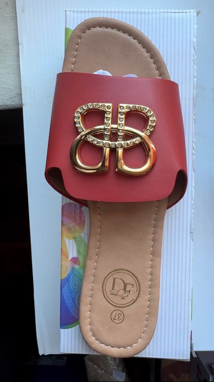 Women’s Red & Gold Logo Rhinestone Flat Slide Sandals Synthetic US 7 EU37