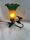 VTG Tiffany Style Lamp Amber Green Glass Trumpet Lily Night Light Hummingbird
