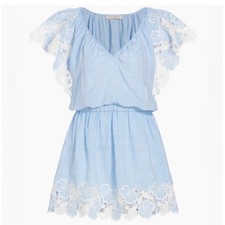 Ramy Brook Rya Linen Lace-Trimmed Minidress Light Blue White Floral NWT