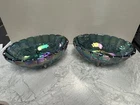 Vintage  Blue Carnival Glass Harvest Grape Footed Large Fruit Bowl Set Of 2
