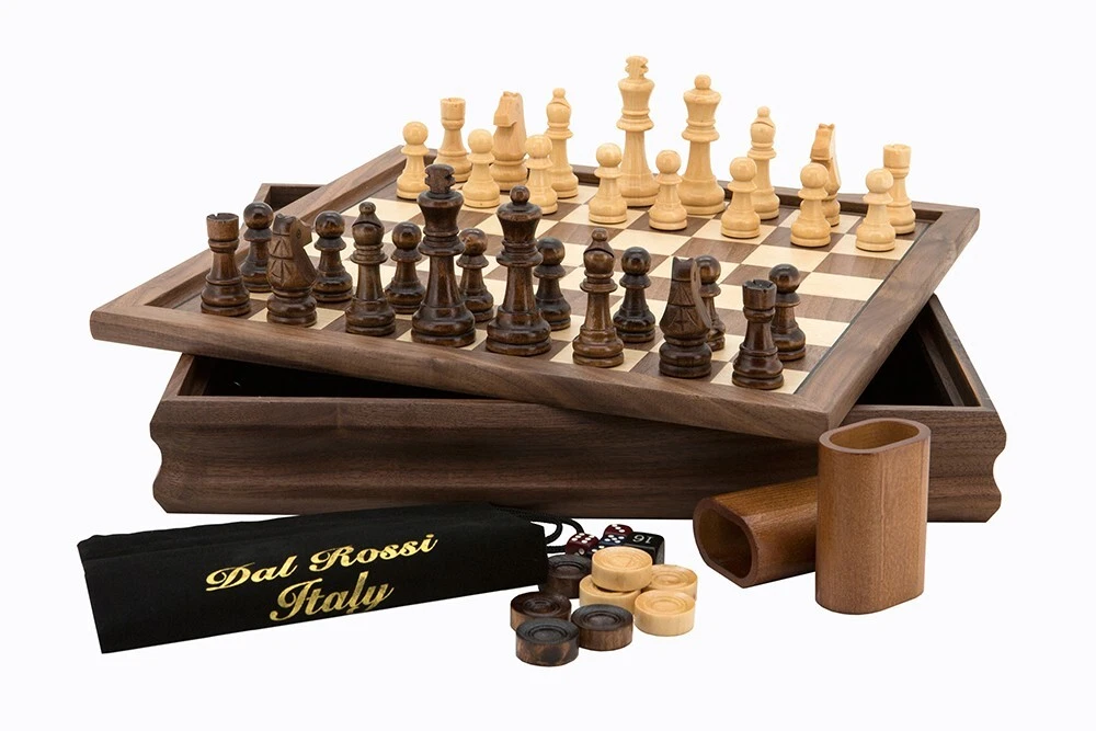 Dal Rossi 3 in 1 Chess/Checkers/Backgammon Flip Top Walnut Set 14 inch board