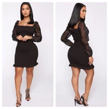 NEW Fashion Nova Playing With You Smocked Puff Sleeve Mini Dress Black Size M