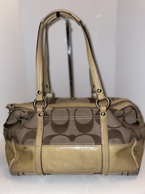 Coach Signature Stripe Patent Leather Satchel Purse Gold Brown