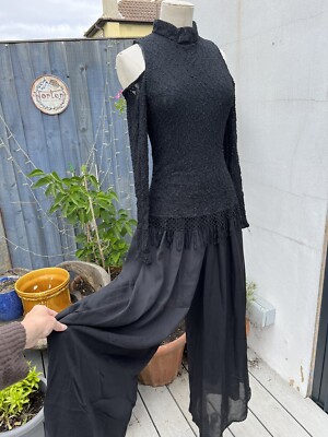 VINTAGE REFLEX USA 80S JUMPSUIT BLACK LACE CUT OUT SHOULDERS FITTED SIZE 8 