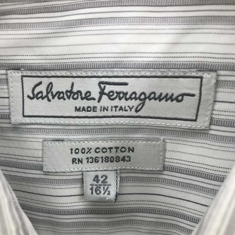 Camisa Salvatore Ferragamo Para Hombre 16.5 42 Blanca Gris Abotonada Manga Larga Puño Hombres Foto 3 de 4