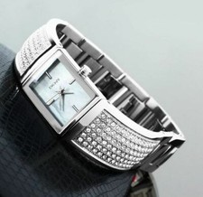 NEW DKNY SILVER TONE,CRYSTAL PAVE,GRAY MOP,S/ STEEL CUFF BRACELET WATCH NY4733