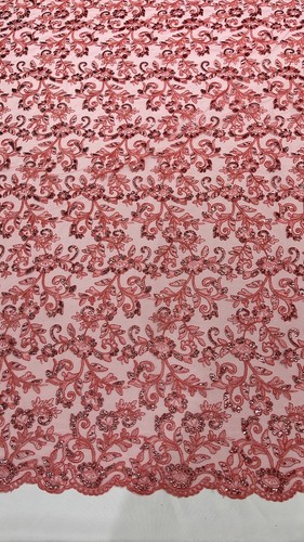 Design francese cordato corallo - ricamo con paillettes su tessuto di pizzo a maglia - ballo di fine anno - Foto 4 di 5