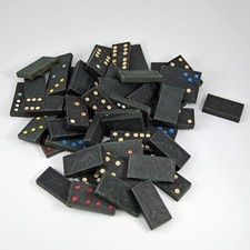 Vintage Wooden Dominoes Black Mixed Lot of 55 Lion Floral Harp Colored Dots