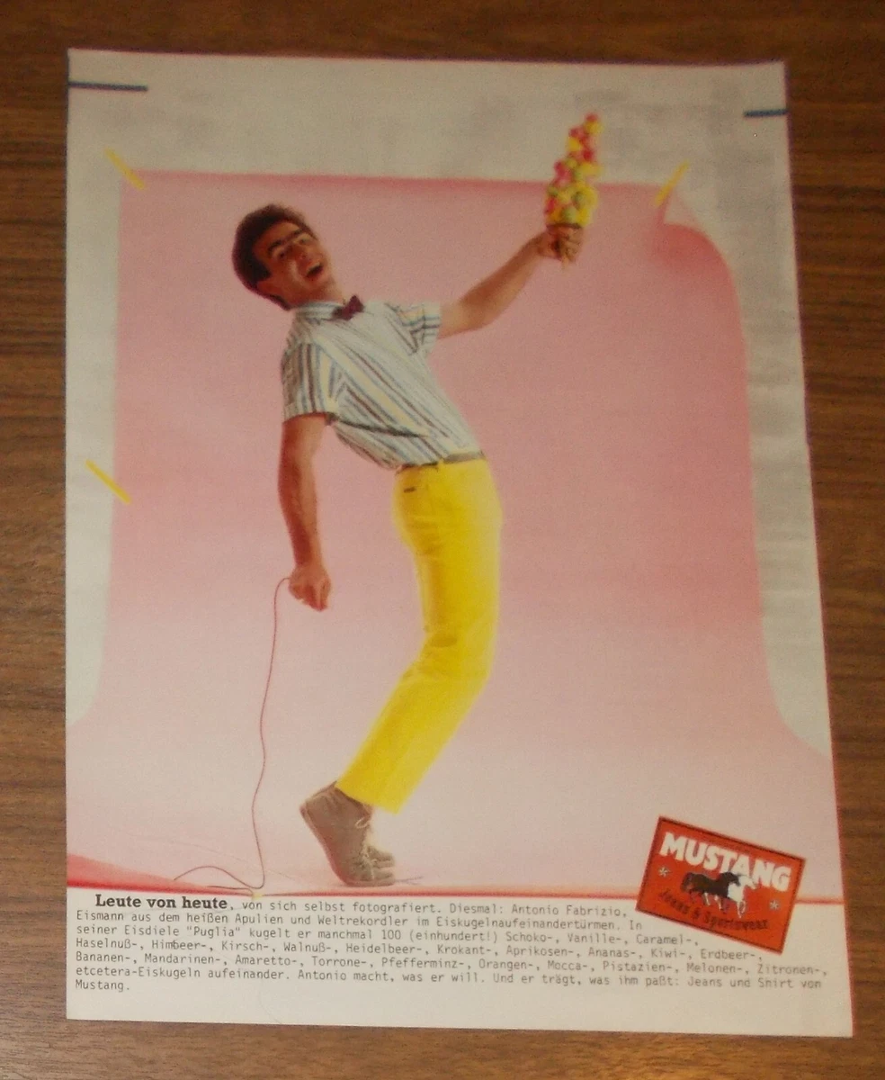 Seltene Werbung MUSTANG Jeans Weltrekordler im Eiskugelaufeinandertürmen 1984
